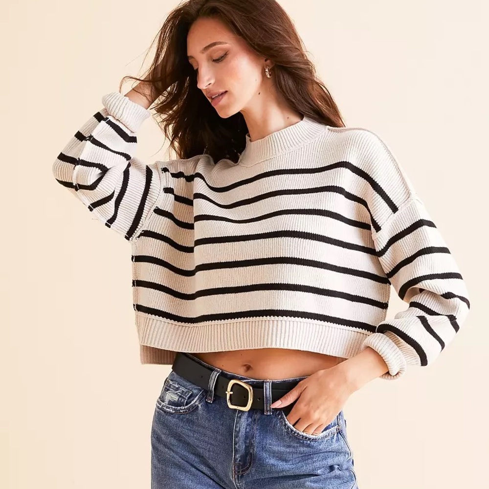 Free People Striped Easy Street Cropped Sweater Pearl Combo size small